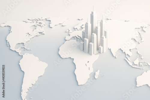 Wallpaper Mural World Map with Skyscrapers: A minimalistic view of a world map with a cluster of white skyscrapers rising from one of the continents, symbolizing urbanization and global growth. Torontodigital.ca