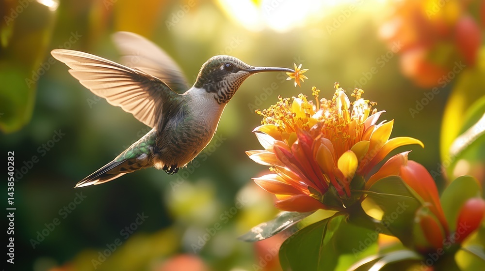 Fototapeta premium A hummingbird hovering in midair near a brightly colored flower, collecting nectar