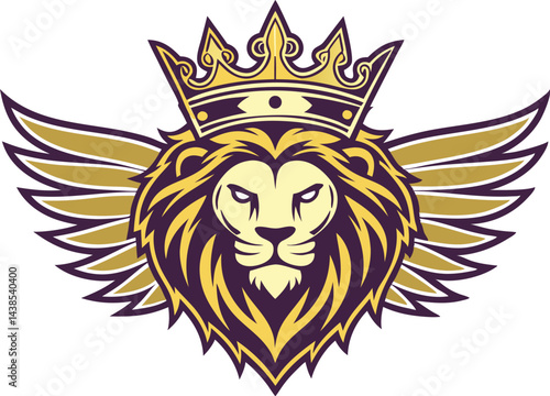 Lion head with crown in royal majestic golden color vector art featuring detailed mane and bold lines for a powerful regal mascot logo
