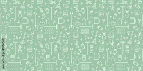 Seamless gardening pattern with line art shovels, rakes, gloves, watering cans, baskets, pruners and plants on green background, garden theme