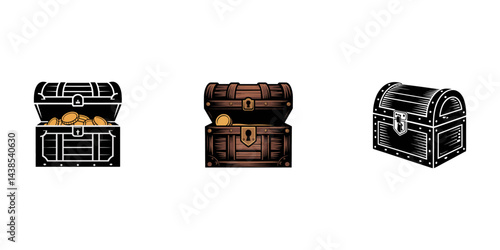 Old and new chests in the set, Collection of chest box or trunk box logo icon vector, plunder box or coffer vintage box, Wooden chests set of silhouettes. Chests with metal edging simple icons.