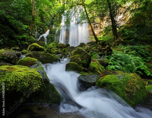 peaceful forest waterfall in lush greenery