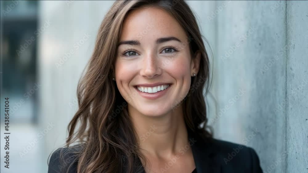 A joyful, modern professional woman looking at the camera with a bright smile. She's dressed in business attire suitable for an office environment. A joyful, modern professional woman looking at the camera with a bright smile. She's dressed in business attire suitable for an office environment.