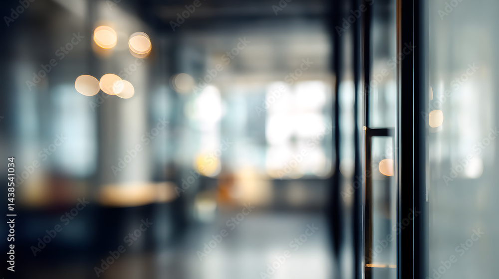 Dynamic office interior with blurred background and door modern workspace urban setting perspective Dynamic office interior with blurred background and door modern workspace urban setting perspective