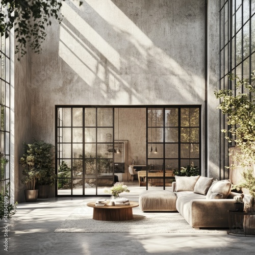 Spacious minimalist interior with large windows natural light and indoor plants a modern living space with concrete walls and elegant furniture.