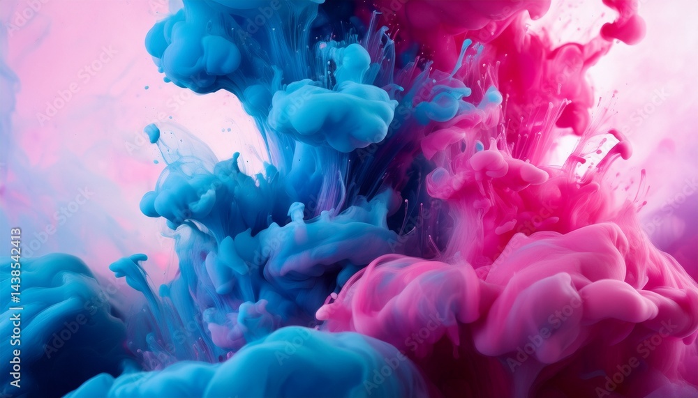 Obraz premium close up view of blue and pink paint splashes mixing in water matte blue and pink watercolor ink swirls in water photographed in motion cool trendy screensaver