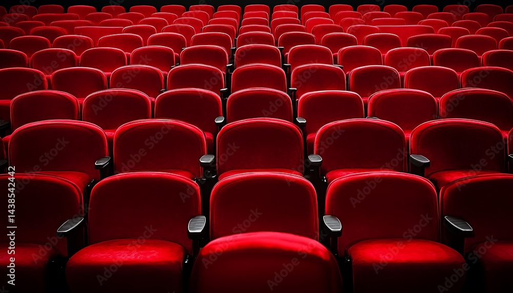 Fototapeta premium Rows of Plush Red Velvet Seats in Auditorium with Armrests and Dark Interior