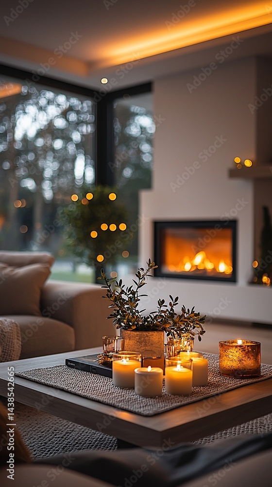 Obraz premium Cozy living room with fireplace, candles, and plants