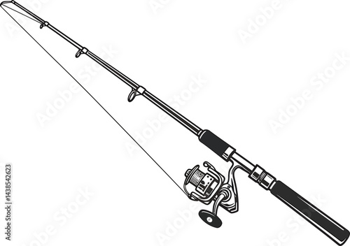 Black and White Fishing Rod and Reel Vector Illustration