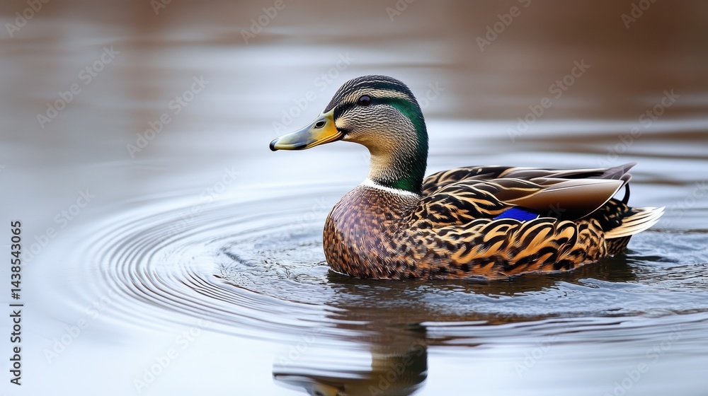 Fototapeta premium A close-up of a duck diving into the water, creating ripples on the pond is surface