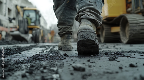 Construction Worker Walking on Fresh Asphalt