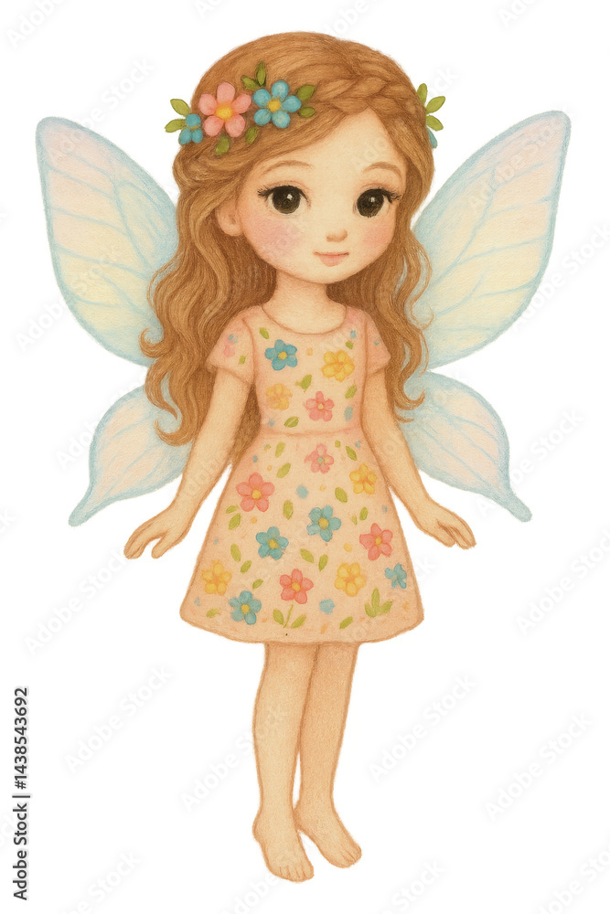 The playful pencil sketch mimics a child's drawing. Beautiful fairy girl with brown hair, flower crown, and colorful floral dress smiles gently, glowing on a soft magical background. The playful pencil sketch mimics a child's drawing. Beautiful fairy girl with brown hair, flower crown, and colorful floral dress smiles gently, glowing on a soft magical background.