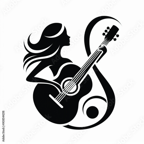 A guitar woman combined with a treble clef, forming a sleek, minimalistic logo. silhouette black and white,