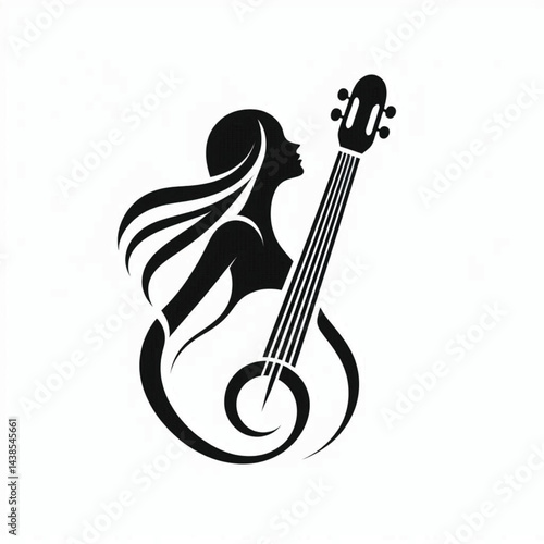 A guitar woman combined with a treble clef, forming a sleek, minimalistic logo. silhouette black and white,