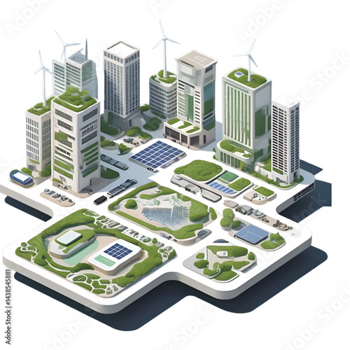 Isometric Floating Future Green City with Solar Rooftops, Vertical Gardens, and Wind Turbines