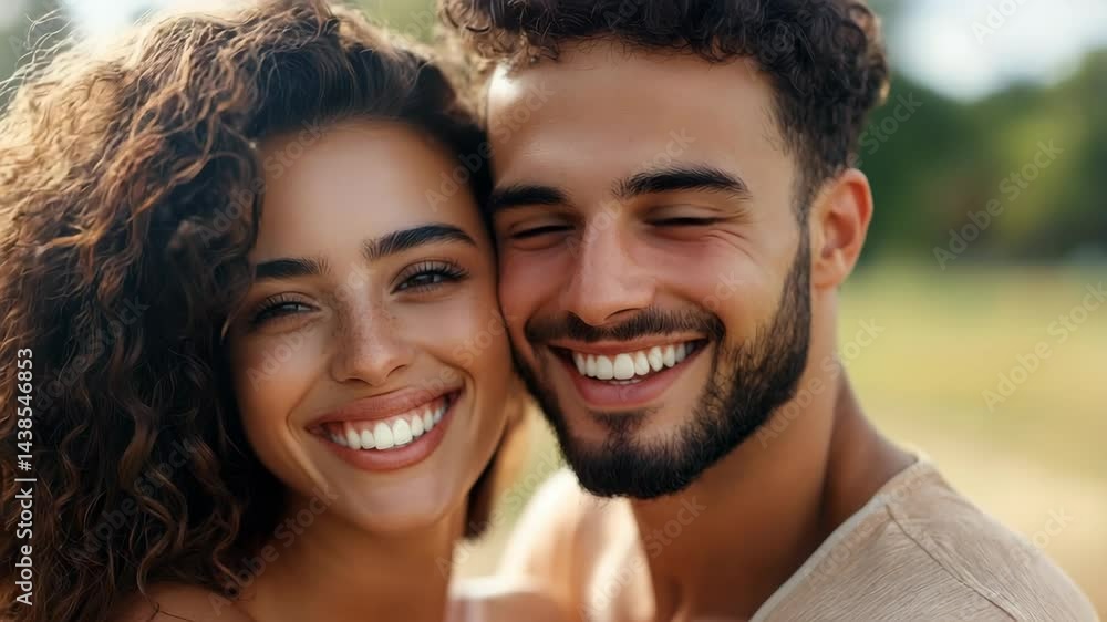 A joyful couple stands close in a vibrant park, sharing bright smiles under the warm sun. The atmosphere is relaxed and cheerful, showcasing their affection and happiness. A joyful couple stands close in a vibrant park, sharing bright smiles under the warm sun. The atmosphere is relaxed and cheerful, showcasing their affection and happiness.