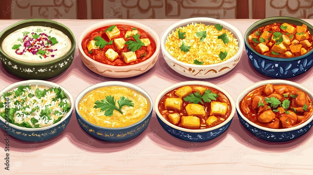 Indian dishes: Butter Chicken, Palak Paneer, Biryani, Vegetable Curry, Dal, Papad, and saffron rice on a vibrant spread for flavorful cuisine lovers. Indian dishes: Butter Chicken, Palak Paneer, Biryani, Vegetable Curry, Dal, Papad, and saffron rice on a vibrant spread for flavorful cuisine lovers.