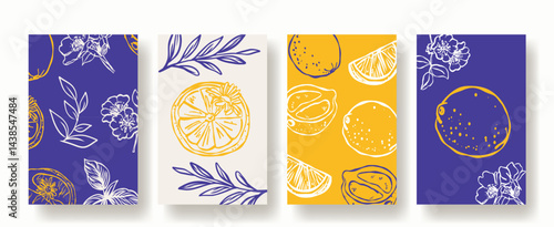 Collection of vibrant citrus fruits, lemon slices, and floral branches in hand-drawn graphic style. Bright yellow, white, and purple color palette, perfect for prints, decor, and packaging.