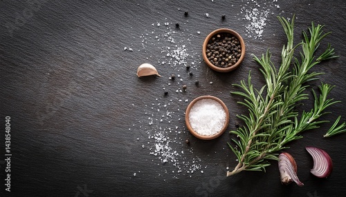 culinary background with salt black pepper and aromatic rosemary plant on kitchen table top view