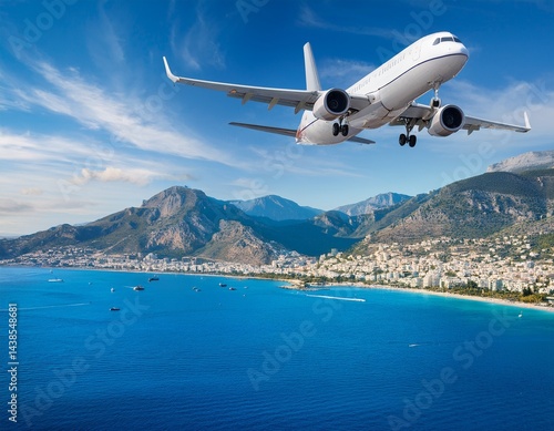 white passenger airplane flying over coastal city mountains and blue sea