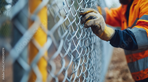 Worker in High-Visibility Clothing Holding Chain-Link Fence