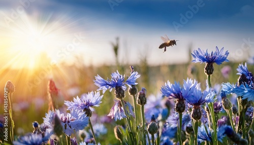 blooming meadow cornflower with flying bee
