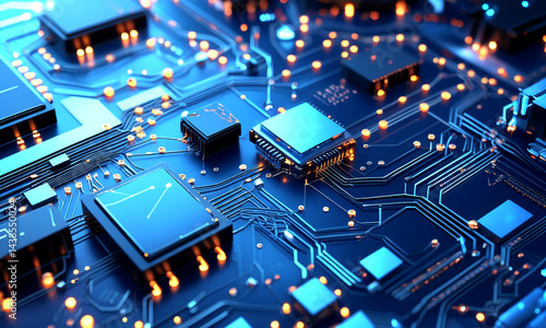 Abstract futuristic, high-resolution digital artwork depicting a glowing blue microchip embedded. Quantum computing, or futuristic AI hardware in a sleek, cyberpunk-inspired environment. Depth of fiel
