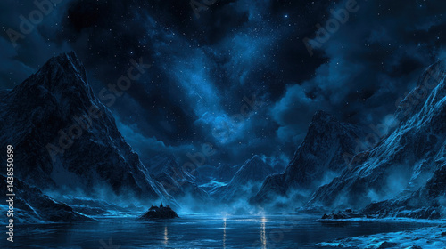 Wallpaper Mural Mystical night landscape with snowy mountains, starry sky, and a serene frozen lake, creating a magical, fantasy atmosphere under a deep blue, dramatic and mysterious sky. Torontodigital.ca