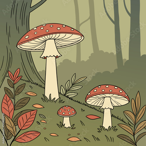 vector illustration of mushrooms in the forest