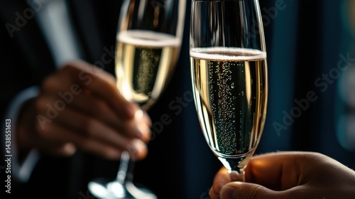 Two people clink champagne glasses in a celebratory toast, highlighting bubbles and an elegant atmosphere.