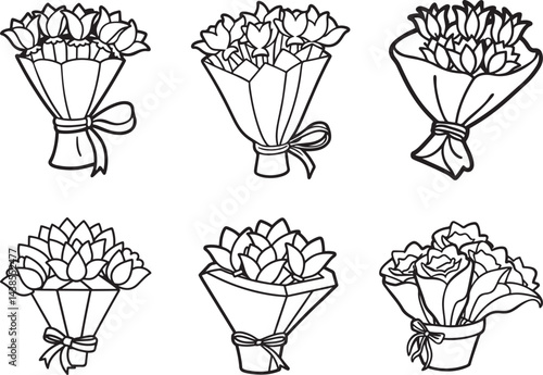 set of gift bouquet of fblanket line art, black outline, vector and illustration, coloring book page line art drawing