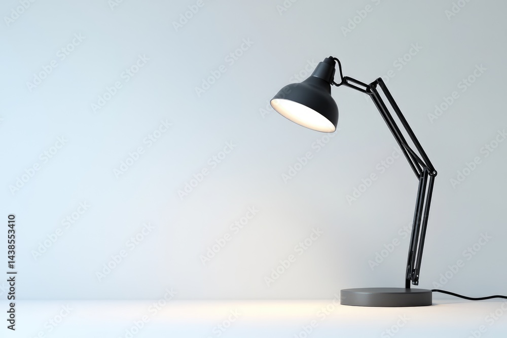 A modern black desk lamp illuminates a minimalist white background, showcasing its sleek design. A modern black desk lamp illuminates a minimalist white background, showcasing its sleek design.