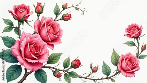 Intricate watercolor rose blooms, swirling vines , rustic, garden