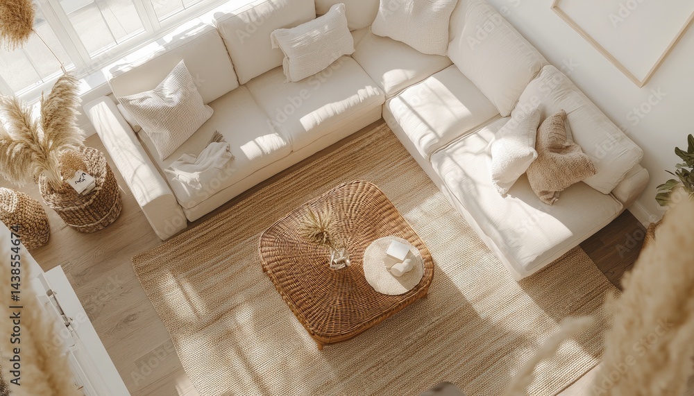 Obraz premium Creamy beige living room interior with large sectional sofa, patterned rug, and wooden coffee table. Sunlight streams through window.