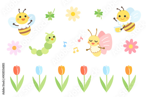 ちょうちょと青虫とミツバチのイラストセット　蝶　芋虫