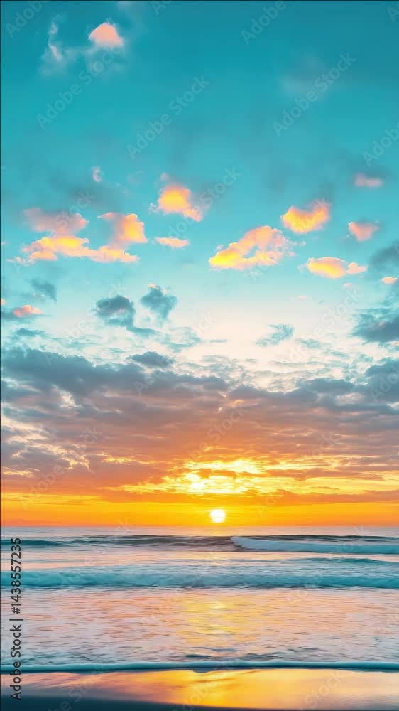 A tranquil beach scene at sunset with a colorful sky and calm ocean water. A beautiful reflection on the wet sand. Perfect for relaxation.