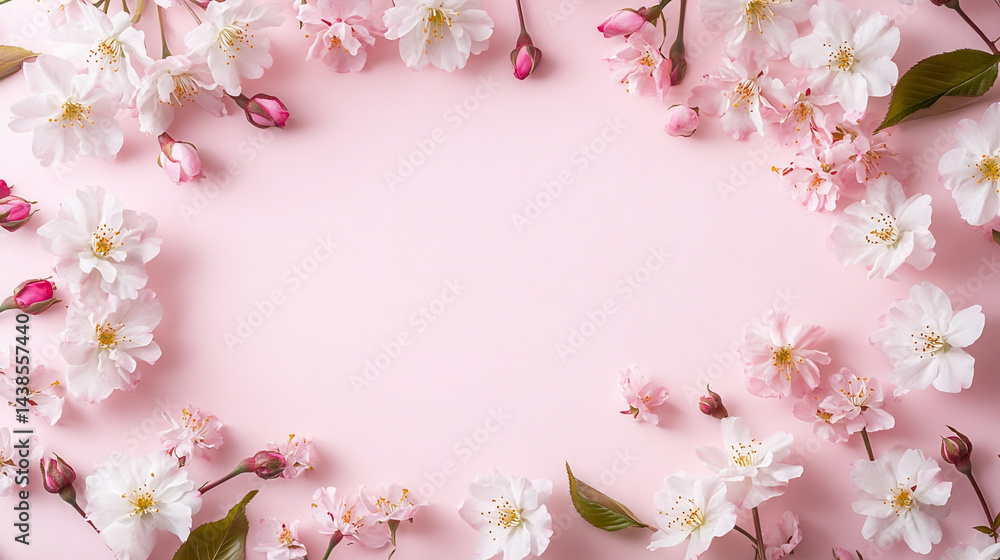 Scattered cherry blossoms and rosebuds lightly framing the corners of a pastel pink banner space, bright airy tone, fresh early spring energy, large open center area, Scattered cherry blossoms and rosebuds lightly framing the corners of a pastel pink banner space, bright airy tone, fresh early spring energy, large open center area,