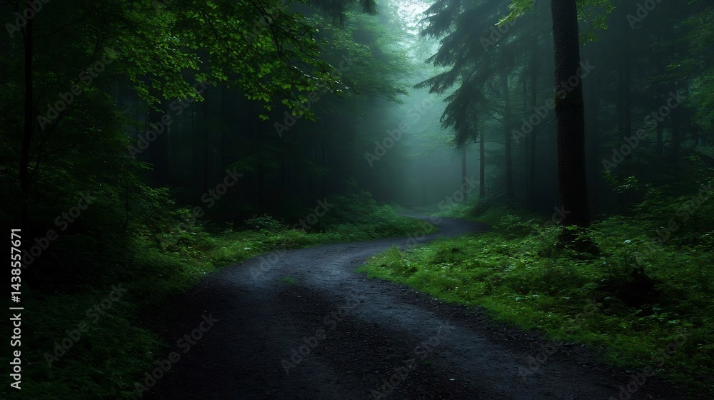 Fototapeta premium Mystical pathway through verdant forest shrouded in atmospheric fog