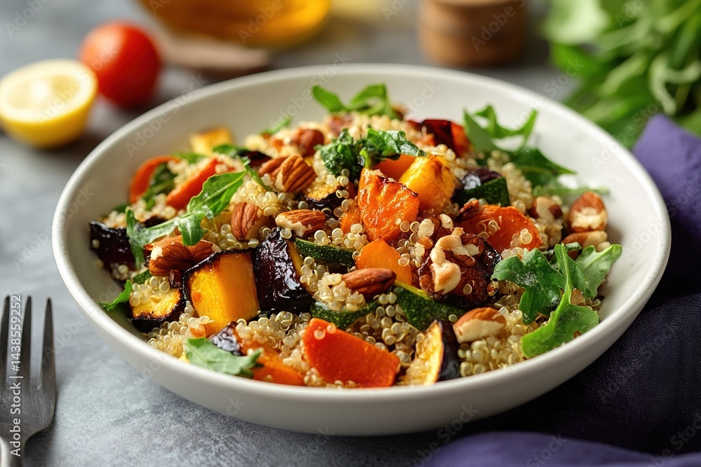 A hearty quinoa salad with roasted vegetables, topped with a light lemon dressing and a handful of nuts A hearty quinoa salad with roasted vegetables, topped with a light lemon dressing and a handful of nuts