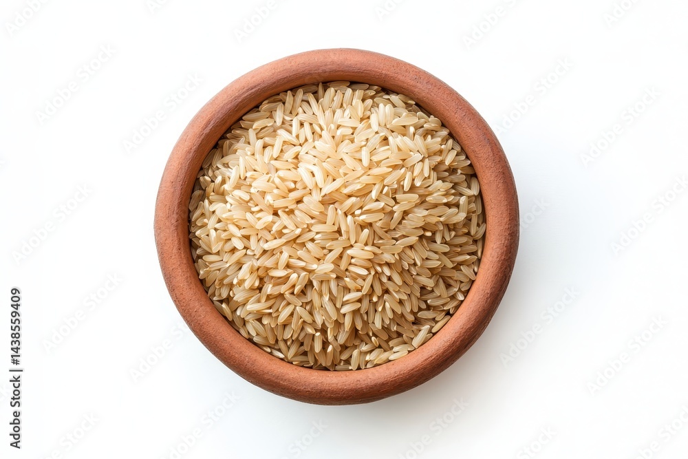 A terracotta bowl brimming with nutritious brown rice a healthy and wholesome grain viewed from above against a bright white A terracotta bowl brimming with nutritious brown rice a healthy and wholesome grain viewed from above against a bright white