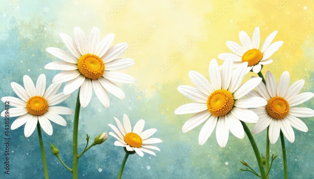 Fototapeta premium Soft watercolor daisies in shades of white and yellow , watercolor art, blooms, garden