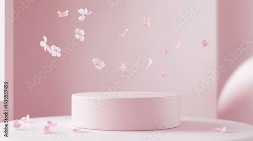 Sleek 3D minimalist scene featuring low pink pedestal, gently drifting cherry blossom petals adding softness, monochromatic pastel setting, romantic and clean spring branding atmosphere,