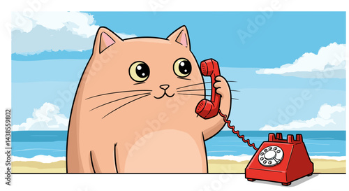 Cartoon cat talking on a red phone against a beach background  