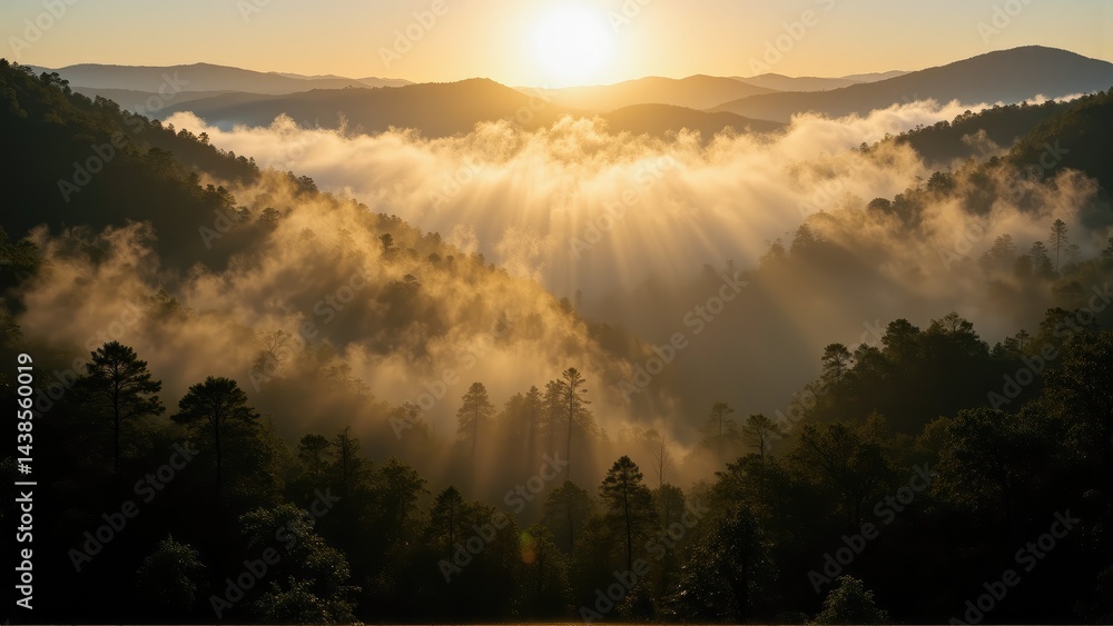 Fototapeta premium rainforest canopy dense mystical. Majestic sunrise over misty mountains, illuminating a forest landscape with golden rays breaking through the clouds.