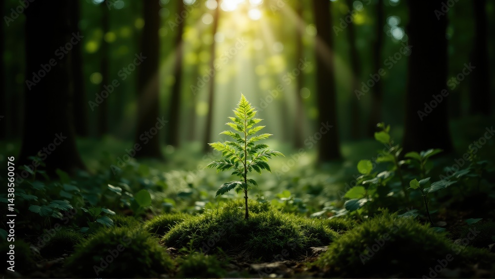 Fototapeta premium rainforest canopy dense mystical. A young plant stands in a sunlit forest, surrounded by greenery, with rays of light filtering through tall trees, creating a serene atmosphere.