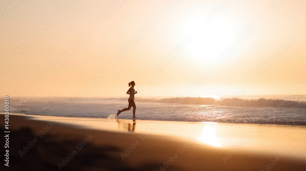 Individual Jogging on Beach at Sunrise with Gentle Waves and Sun Rays Individual Jogging on Beach at Sunrise with Gentle Waves and Sun Rays