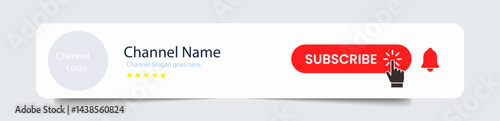 Subscribe button with bell icon for YouTube channel. red subscribe icon with channel name and slogan editable vector illustration