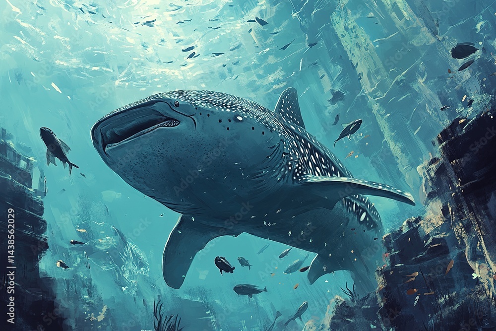 Fototapeta premium A majestic whale shark swimming through the ocean, its enormous size dwarfing the surrounding fish
