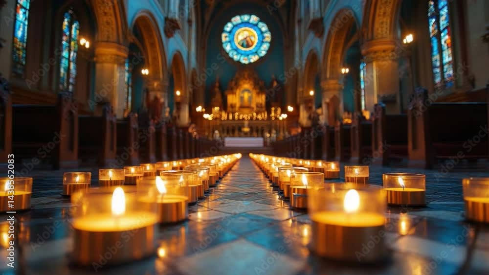 Candles Alight in the Church: Rows of flickering candles illuminate the central aisle of a grand cathedral, casting a warm glow on the ornate architecture and stained glass windows. Candles Alight in the Church: Rows of flickering candles illuminate the central aisle of a grand cathedral, casting a warm glow on the ornate architecture and stained glass windows.
