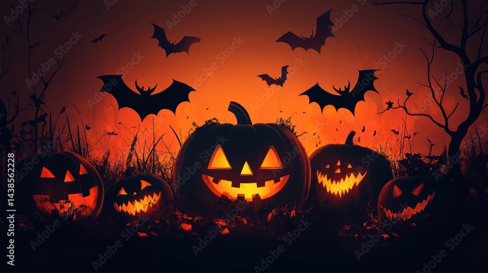 A spooky Halloween background with pumpkins, bats, and eerie shadows A spooky Halloween background with pumpkins, bats, and eerie shadows